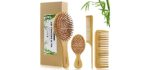 Hair Brush Set, Natural Bamboo Comb Paddle Detangling Hairbrush, Wide-tooth and tail comb No Bristle, suit for Women Men and Kids Thick/Thin/Curly/Dry Hair Gift kit by MRD