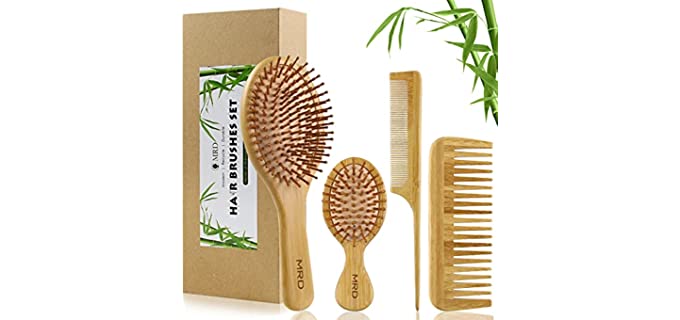 Hair Brush Set, Natural Bamboo Comb Paddle Detangling Hairbrush, Wide-tooth and tail comb No Bristle, suit for Women Men and Kids Thick/Thin/Curly/Dry Hair Gift kit by MRD