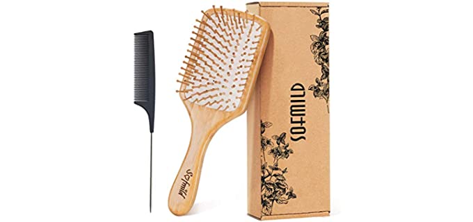 Hair Brush-Natural Wooden Bamboo Brush and Detangle Tail Comb Instead of Brush Cleaner Tool, Eco Friendly Paddle Hairbrush for Women Men and Kids Make Thin Long Curly Hair Health and Massage Scalp