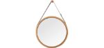 Hanging Round Wall Mirror in Bathroom & Bedroom - Solid Bamboo Frame & Adjustable Leather Strap, Makeup Dressing Home Decor (Bamboo Natural, 15