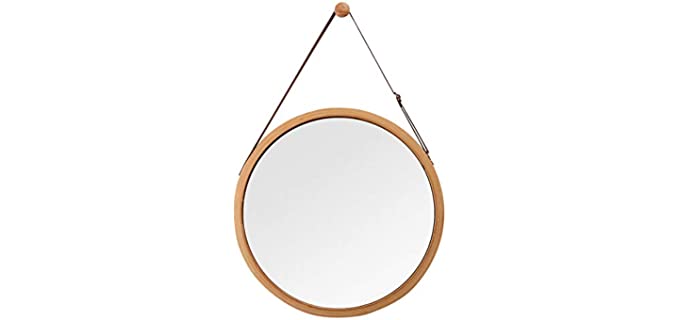 Hanging Round Wall Mirror in Bathroom & Bedroom - Solid Bamboo Frame & Adjustable Leather Strap, Makeup Dressing Home Decor (Bamboo Natural, 15