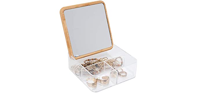 Simplify 3 Compartment Organizer with Bamboo Lid | Mirror | Perfect for Jewelry | Cosmetics | Accessories | Vanity & Countertop | Keepsake Storage Box | Clear