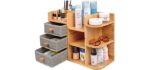 Bamboo-Makeup-Cosmetic-Storage-Organizer, Multi-Function wood Cosmetic Large Capacity Make up Caddy Shelf Cosmetics Organizer Box, Natural Bamboo