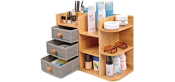 Bamboo-Makeup-Cosmetic-Storage-Organizer, Multi-Function wood Cosmetic Large Capacity Make up Caddy Shelf Cosmetics Organizer Box, Natural Bamboo