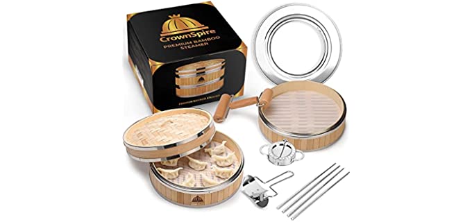 CrownSpire - bamboo steamer 10 inch - bamboo steamer basket - for vegetables + sea food + dumpling cutter + Stainless Steel chopsticks - adapter ring - reusable silicone liners - rolling pin