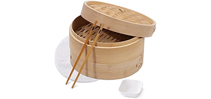 Green Science Bamboo Steamer Basket - Premium 2 Tier Food Steamer with Lid - Natural Bamboo Handmade Steamer for Cooking/Veggie/dumplings/Eggs - Steam Cooker, 1 Sauce Dish & 50 Wax Papers Liners (Bamboo Lid)