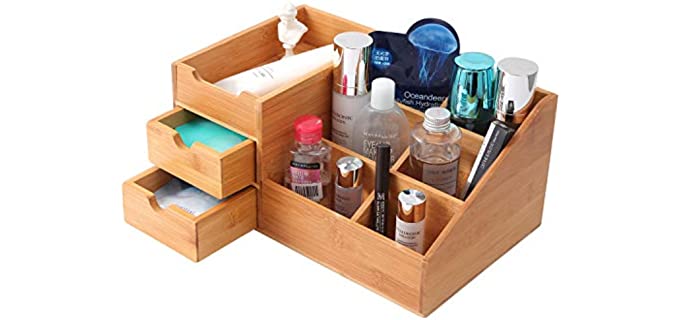 Homode Makeup Organizer, Bamboo Bathroom Counter Organizers and Storage for Vanity Countertop or Dresser Top, Wood Cosmetic Tray Brush Holder with Drawers