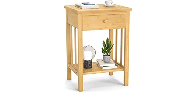 Homykic Nightstand, Bamboo Solid Wood Night Stand Bedside Table Side Table End Table with Drawer for Bedroom, Living Room, Small Spaces, Easy Assembly, Natural