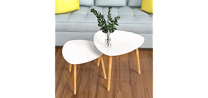 Nesting Table Set of 2 - Bamboo End Table - for Living Room Side Table for Bedroom Triangle Modern Coffee Table (White)