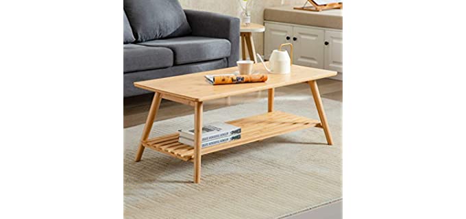 Nnewvante Coffee Table Foldable Bamboo Mid Century Desk TV Stand with Open Storage Shelf Center Table for Living Room Furniture RV No Assembly