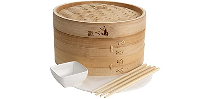 Prime Home Direct Bamboo Steamer Basket 10 inch, Dumpling Maker, Vegetable Steamer, 2 Tier Food Steamer Includes 2 Sets of Chopsticks, 1 Sauce Dish & 50 Liners - Multi-use Steamer Basket