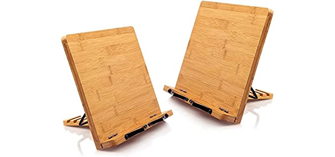 2 Pack Bamboo Book Stands Large Cookbook Holder Reading Stand (13.4 x 9.5 Inch) with 5 Adjustable Height, Foldable Wooden Book Holder for Textbook, Recipe, Music Book, Laptop, Tablet Stand