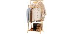 Bamboo Garment Coat Clothes Hanging Heavy Duty Rack Foldable Space Saving Stand with 2 Top Rod and Lower Shoe Clothing Storage Organizer Shelves