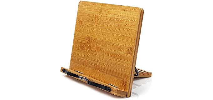 Bamboo Book Stand,wishacc Adjustable Book Holder Tray and Page Paper Clips-Cookbook Reading Desk Portable Sturdy Lightweight Bookstand-Textbooks Books