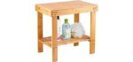 Bamboo Spa Bench Wood Seat Stool Foot Rest Shaving Stool with Non-Slip Feets Storage Shelf for Shampoo Towel,Works in Bathroom/ Living Room/ Bedroom/Garden Leisure