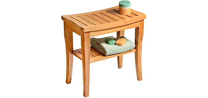 Bamboo Shower Bench Spa Stool - Wood 2-Tier Seat, Foot Rest Shaving Stool with Non-Slip Feet + Storage Shelf - Seat or Organizer for Bathroom, Living Room, Bedroom and Garden Decor