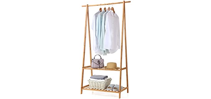 Finnhomy Bamboo Clothes Rack Portable Extra Large Garment Rack 2-Tire Storage Box Shelves For Entryway and Bed Room Patented Design
