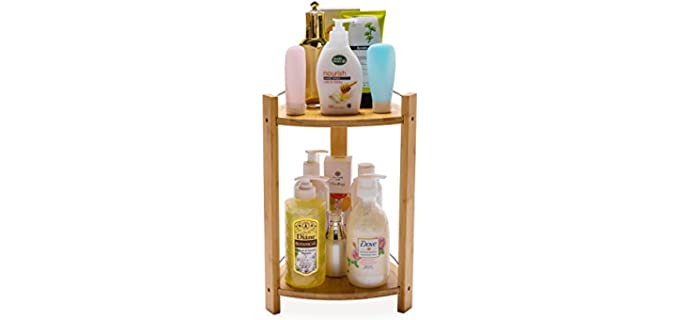 GOBAM Bamboo Shower Corner Caddy, Large - 2 Tier Standing Shower Stand for Shampoo, Conditioner, Lotion, Soap - Caddy Organizer for Kitchen, Bedroom, or Office