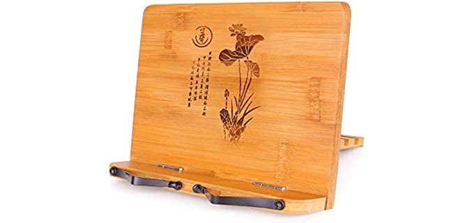 MEGREZ Foldable Bamboo Book Stand (11 x 7.9 inch), Portable Cookbook Holder Adjustable Desk Bookrest, Reading Holder Stand for Recipe Books,Music Book,Textbook,Tablet Stand, The Language of Lotus