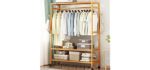 MYOYAY Free Standing Garment Rack On Wheels 3 Tier Bamboo Clothes Rack Closet Storage Shelves With Hooks Coat Holder for Living-room Bedroom