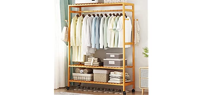 MYOYAY Free Standing Garment Rack On Wheels 3 Tier Bamboo Clothes Rack Closet Storage Shelves With Hooks Coat Holder for Living-room Bedroom