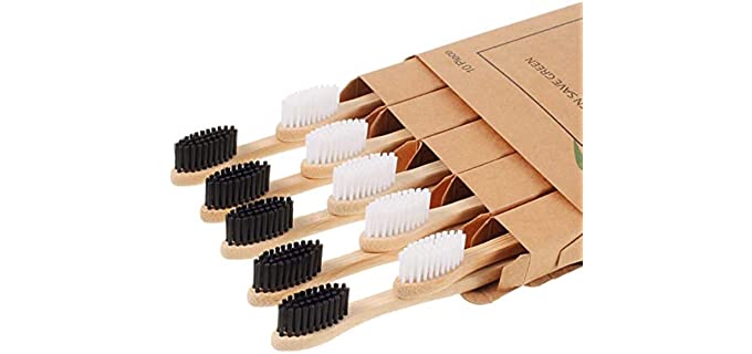 Nuduko Biodegradable Bamboo Toothbrushes, 10 Piece BPA Free Soft Bristles Toothbrushes, Natural, Eco-Friendly, Green and Compostable