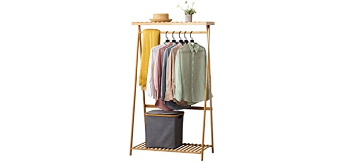 SHUOXIANG Bamboo Garment Rack, Coat Clothes Hanging Heavy Duty Racks with top Shelf and Shoe Clothing Storage Organizer Shelves for Bedroom Guest Room