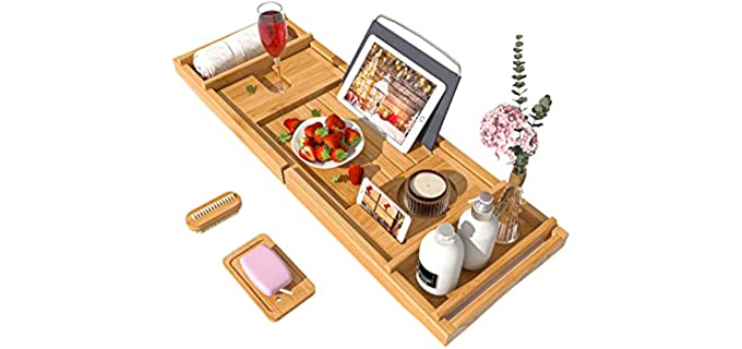 Bath Caddy Tray for Bathtub - Bamboo Adjustable Organizer Tray for Bathroom with Free Soap Dish Suitable for Luxury Spa or Reading