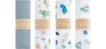 Catteyonce 4 Pack Baby Swaddle Blankets, Breathable Muslin Swaddle Blankets, Soft and Comfortable Receiving Blanket for Newborn, 70% Bamboo & 30% Cotton, Blue/Dinosaur, Large 44 x 47 inches