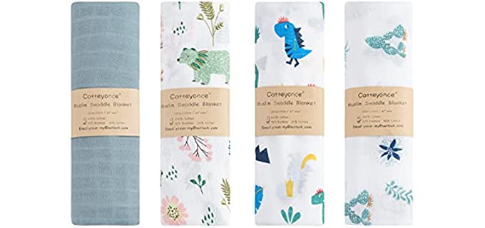 Catteyonce 4 Pack Baby Swaddle Blankets, Breathable Muslin Swaddle Blankets, Soft and Comfortable Receiving Blanket for Newborn, 70% Bamboo & 30% Cotton, Blue/Dinosaur, Large 44 x 47 inches