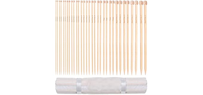 Curtzy Bamboo Knitting Needle Set - 16 Pairs of Wooden Straight Knitting Needles with Storage Case - Single Pointed in Sizes 2mm - 12mm - Each Needle Measures 34cm/13.5 inches - Beginners to Experts