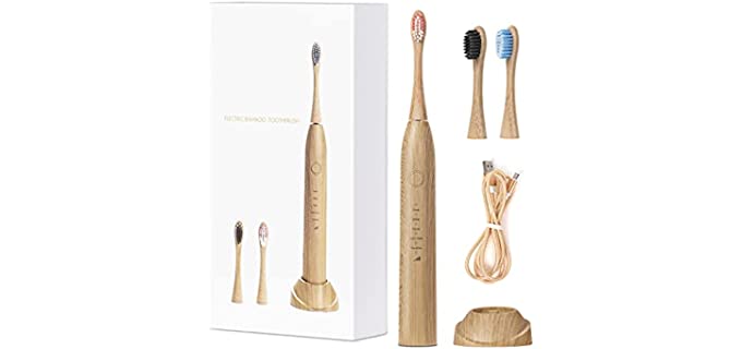 Electric Bamboo Toothbrush, Sonic Toothbrush IPX8 Waterproof, 2 Minute Timer, 3 Rechargeable and Replaceable Bamboo Toothbrush Head