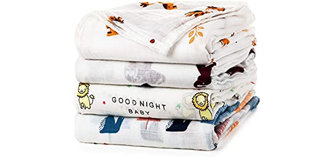 upsimples Baby Swaddle Blanket Unisex Swaddle Wrap Soft Silky Bamboo Muslin Swaddle Blankets Neutral Receiving Blanket for Boys and Girls, Large 47 x 47 inches, Set of 4-Sika Deer/Elephant/Lion/Fox