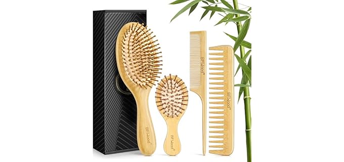 BFWood Bamboo Hair Brush Set, 4 PCS Natural Wooden Combs Paddle Detangling Hairbrush, Wide-tooth and Tail Comb and Mini Paddle Brush for Traveling, Suit for Women & Men