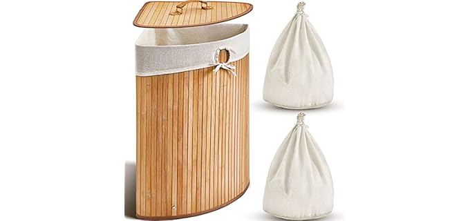 Gueevin Corner Bamboo Laundry Hamper with Lid and Removable Liner Corner Bamboo Laundry Basket with Handle Washing Clothes Basket Storage Bin for Bedroom Bathroom(Carbon)