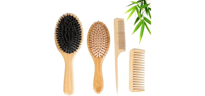 4 PCS Hair Brushes Set,Boar Bristle and 100% Bamboo Detangling Combs for Women/Men, Thick/Thin Hair Care Tools with Natural Bristles, Family-Friendly Hairbrush Kit
