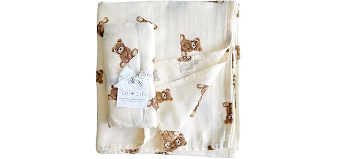 Ali+Oli Muslin Swaddle Blanket (Teddy Bear) for Baby, Soft Rayon Made from Bamboo and Organic Cotton, Machine Washable Blanket Wrap for Newborn to Toddler, Large, 47 by 47 Inches