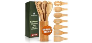 Bamboo Utensils 7 PCs with Holder – Bamboo Cooking Utensils Set + Holder for Nonstick – Wooden Spoon Sets for Cooking – Easy to Clean, Sturdy, Lightweight & Heat Resistant