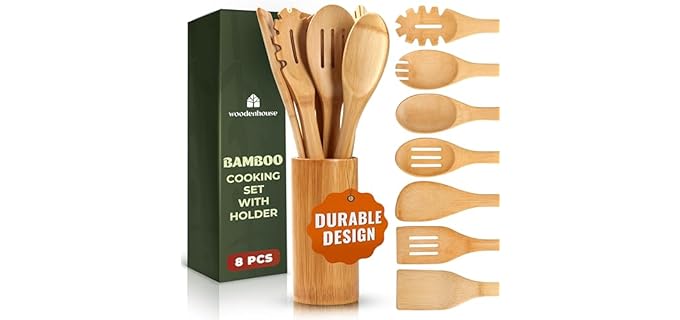 Bamboo Utensils 7 PCs with Holder – Bamboo Cooking Utensils Set + Holder for Nonstick – Wooden Spoon Sets for Cooking – Easy to Clean, Sturdy, Lightweight & Heat Resistant
