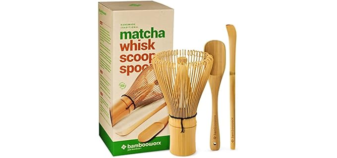 BambooWorx Matcha Whisk Set - (Chasen), Traditional Scoop (Chashaku), Tea Spoon. The Perfect Sets to Prepare a Traditional Cup of Japanese Tea, Handmade from 100% Natural Bamboo