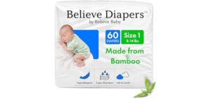 Believe Diapers Size 1 (8-14 Lbs) Viscose Bamboo Diapers 60 Count – Natural Baby Diaper, Chemical Free and Fragrance Free Natural Diaper for Sensitive Skin, Super Absorbent with Leak Protection