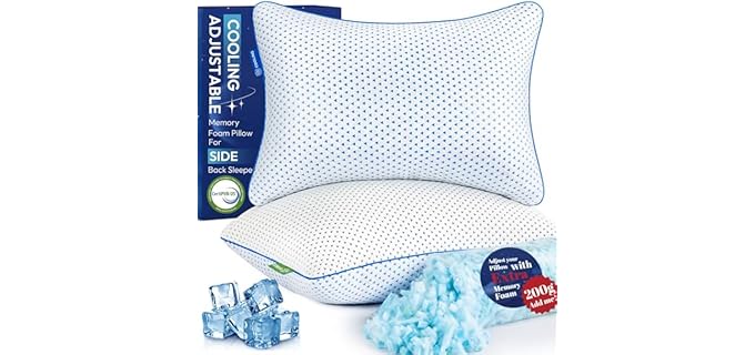 Cooling Gel Memory Foam Pillows Queen Size Set of 2 for Sleeping,Bamboo Rayon Adjustable Firm Shredded Foam Bed Pillows 2 Pack for Side, Back, Stomach Sleepers Luxury Washable Breathable Pillowcase
