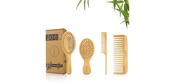 DEBETOOL Bamboo Hair Brush Set - Natural Bamboo Paddle Detangling Hairbrush and Comb Set, Suit for Thick/Thin -Gift for Women Men and Kids