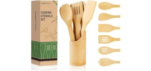 DEBETOOL Bamboo Cooking Utensil Set - Natural Bamboo Wooden Spoons for Cooking, 7piece Kitchen Non-Stick Wooden Spatula Spoons with Utensil Holder for Daily Use