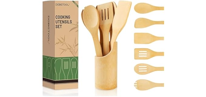 DEBETOOL Bamboo Cooking Utensil Set - Natural Bamboo Wooden Spoons for Cooking, 7piece Kitchen Non-Stick Wooden Spatula Spoons with Utensil Holder for Daily Use
