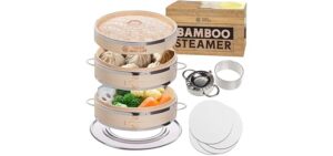 Dumpling Bamboo Steamer 10 Inch 2 Tier Wooden Basket With Handle, Ring Adapter, Reusable Silicone Liner, Kit For Cooking Baby Bao Bun, Dim Sum, Rice Potsticker Steaming Chinese Asian Food & Vegetables