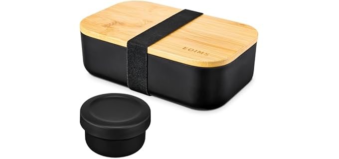 EOIMS Bento Box for Adults,Japanese Food Containers for Women/Man,Leak Proof Bamboo Bento Box Adult Lunch Box with Sauce pot, Microwavable Dishwasher Safe,BPA-Free Black