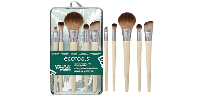 EcoTools Makeup Brush Set for Eyeshadow, Foundation, Blush, and Concealer with Bonus Storage Case, Start the Day Beautifully, Travel Friendly, 6 Piece Set