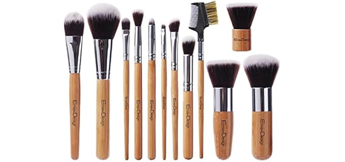 EmaxDesign 12 Pieces Makeup Brush Set Professional Bamboo Handle Premium Synthetic Kabuki Foundation Blending Blush Concealer Eye Face Liquid Powder Cream Cosmetics Brushes Kit With Bag
