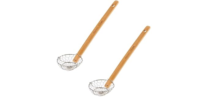 Helen’s Asian Kitchen Spider Strainer | 3-Inch Stainless Steel Basket with Sustainable Bamboo Handle for Cooking and Straining, Set of 2